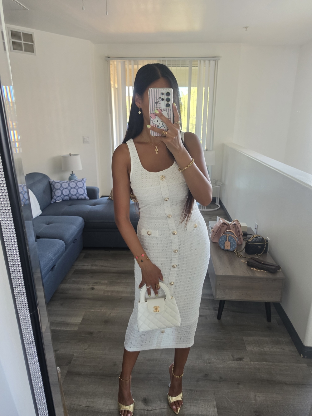 Classic White Button-Front Tweed Midi Dress - Picture 11 of 16